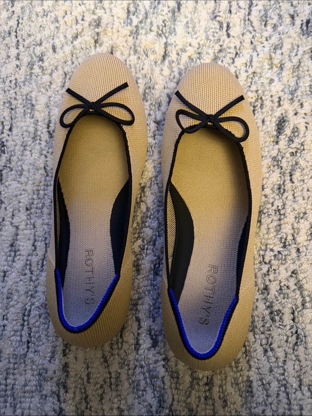 Rothy's Tan Knit Ballet Flats with Black Trim and Bow